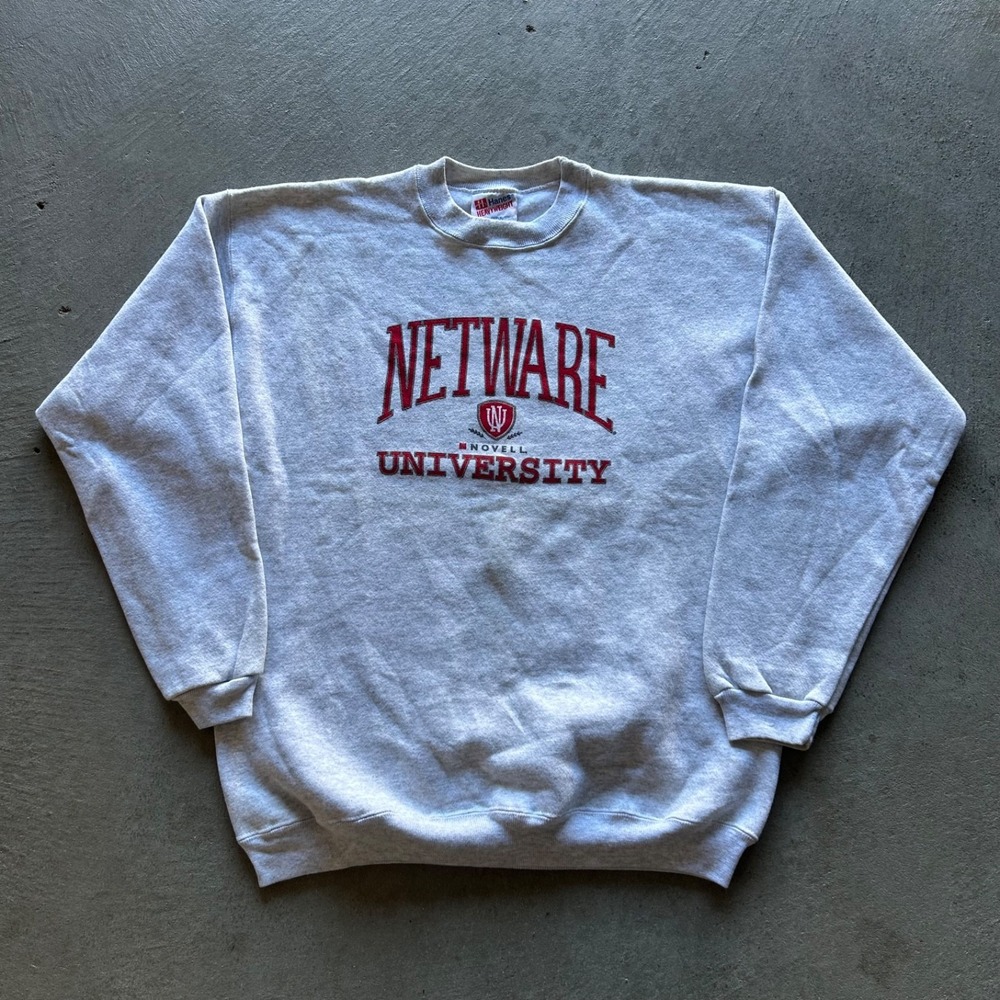 Vintage 90s Netware University Sweatshirt Size Large Gray Crewneck Novell Logo